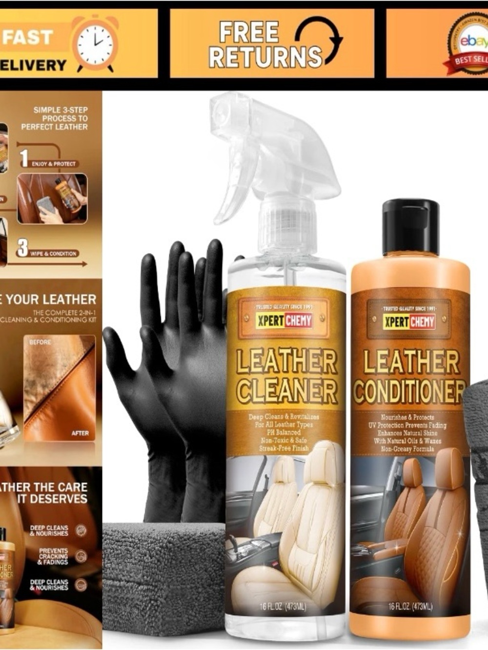 Leather Cleaner & Conditioner Kit - Safe for All Colors, 2 x 16oz - Car Seats, F
